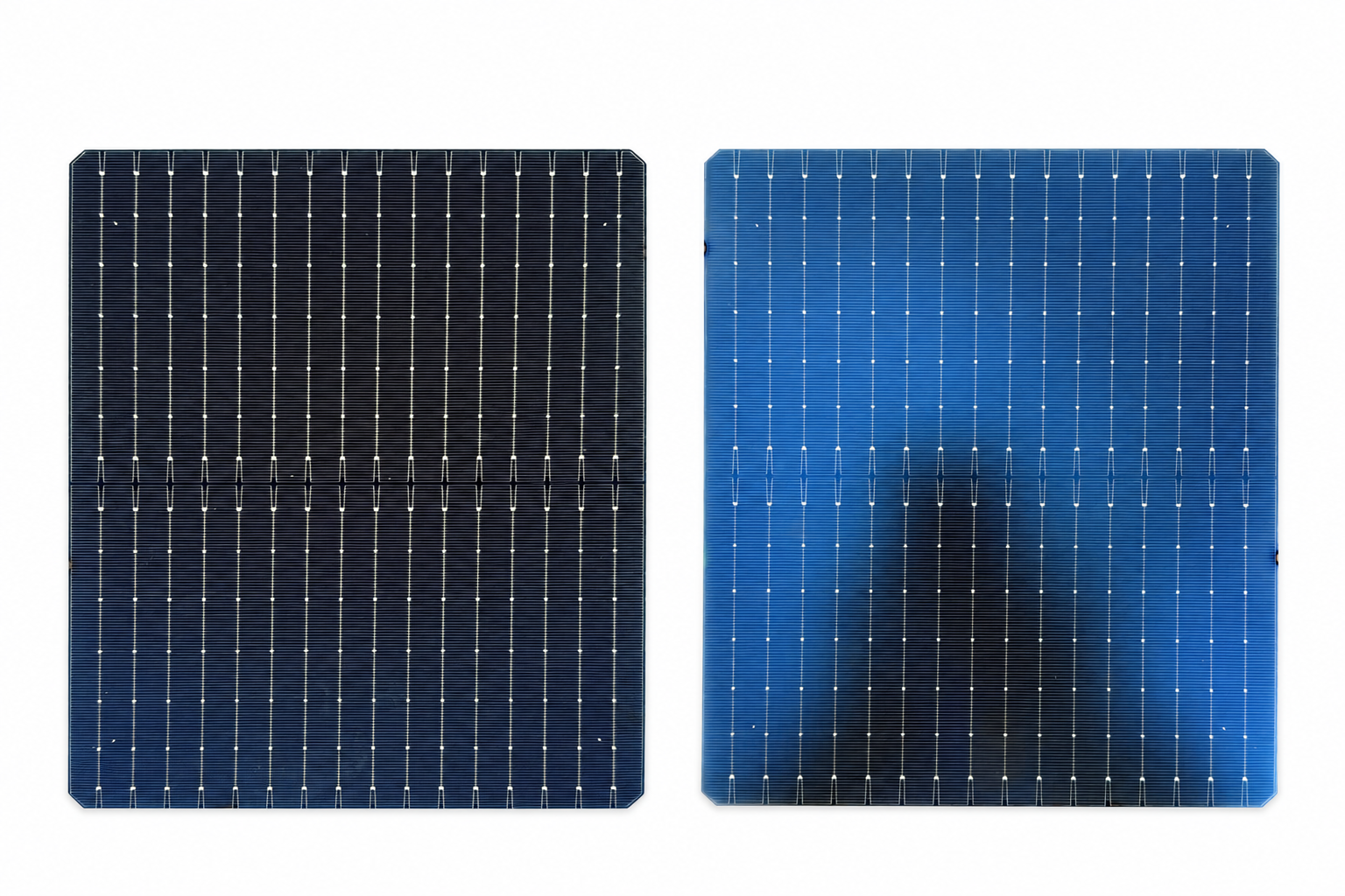 Two actual Grade-A G12R rectangular solar cells isolated on white